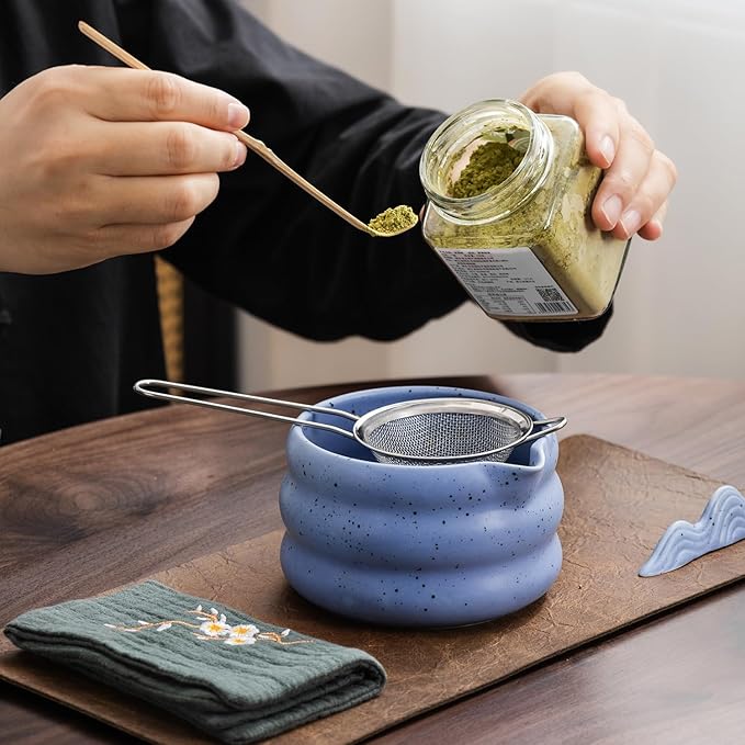 7Pcs Japanese Matcha Tea Set, Matcha Kit with Matcha Bowl (with Pouring Spout), Matcha Whisk, Whisk Holder, Strainer - Elegant Matcha Set for Gifting and Personal Use, Gift Box Packaging (blue)