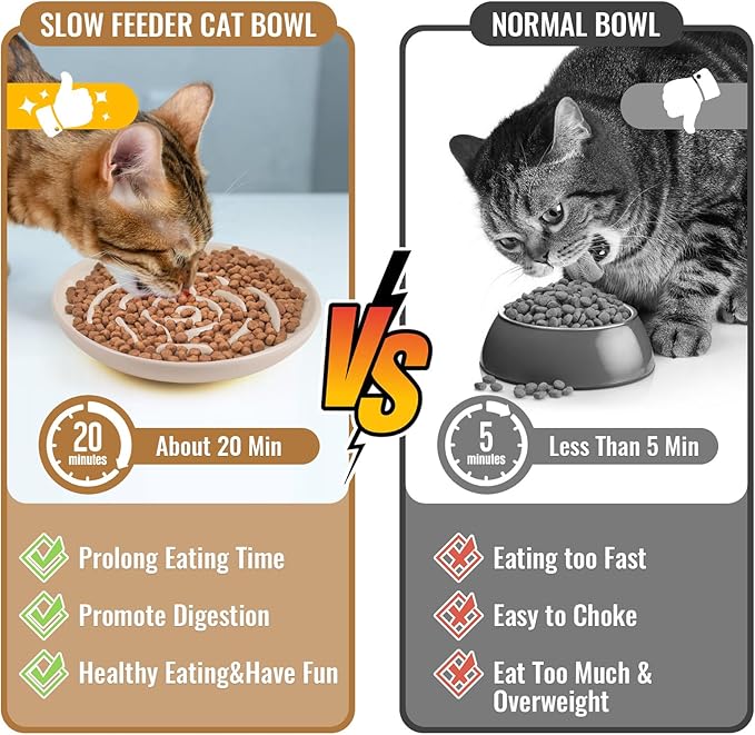Slow Feeder Cat Bowl Set of 2, Ceramic Slow Feeding Cats Bowl Whisker Friendly, Anti Vomiting Cat Feeder for Dry and Wet Food，Fun Maze Interactive Bloat Stop Puzzle Bowls for Healthy Eating Diet