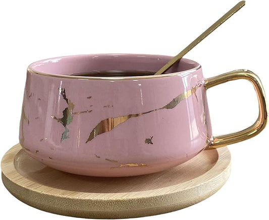 YBK Tech Porcelain Tea Cup Coffee Mug Set for Afternoon Tea - Marble Pattern (Pink, Short 300ml + wood saucer)