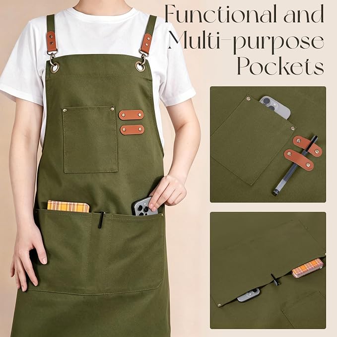 Chef Aprons for Men Women with Large Pockets, Cotton Canvas Water Repellent Kitchen Apron for Cooking - Image 3