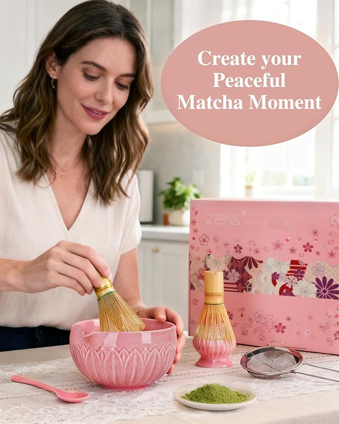 ZENS Matcha Whisk Set, 6pcs Matcha Kit Set with Matcha Bowl, Bamboo Whisk & Scoop, Chasen Holder, 304 Stainless Steel Sifter & Tea Mat, Japanesse Matcha Kit for Matcha Latte-Making Pink