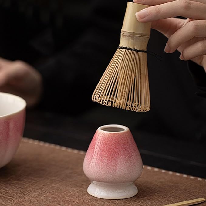 Matcha Whisk Set, Matcha Bowl with Spout, Whisk, Chasen Holder, Bamboo Scoop - 4 Pcs Perfect Kits for Matcha Lover and Tea Ceremony（Pink）