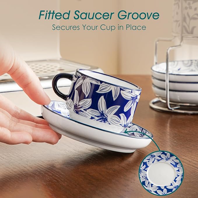 vancasso 2.5OZ Espresso Cups Set of 4, Porcelain Stackable Cappuccino Cups, Demitasse Coffee Cups and Saucers Set with Metal Stand for Specialty Drinks, Series SELENE (Vintage Blue, 2.5 Ounce)