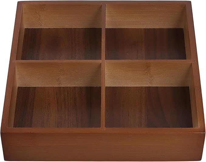 FUNSUEI 2 PCS Multi Compartment Wooden Tray, Divided Wooden Tray, Square Bamboo Trays with 4 Sections, Bamboo Divided Serving Trays Storage Box for Snacks Appetizers, 9 x 9 x 1.77 Inch