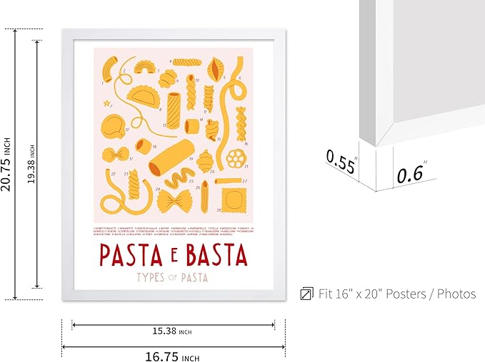 Poster Master Vintage Illustration Poster - Retro Food Print - Types of Pasta, Yellow, Spaghetti, Rotini, Penne - Gift for Artist, Chef - Wall Decor for Kitchen, Restaurant, 16x20 White Framed