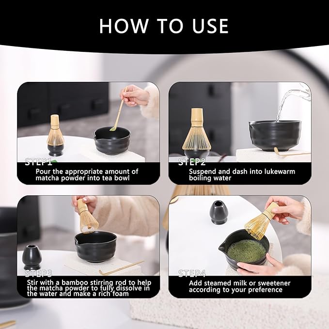 Matcha Tea Set – Traditional Japanese Ceremony Kit with 18.5OZ Ceramic Bowl, Bamboo Whisk, Scoop, and Holder – Ideal for Authentic Matcha Preparation and Gifting (Matte Black)
