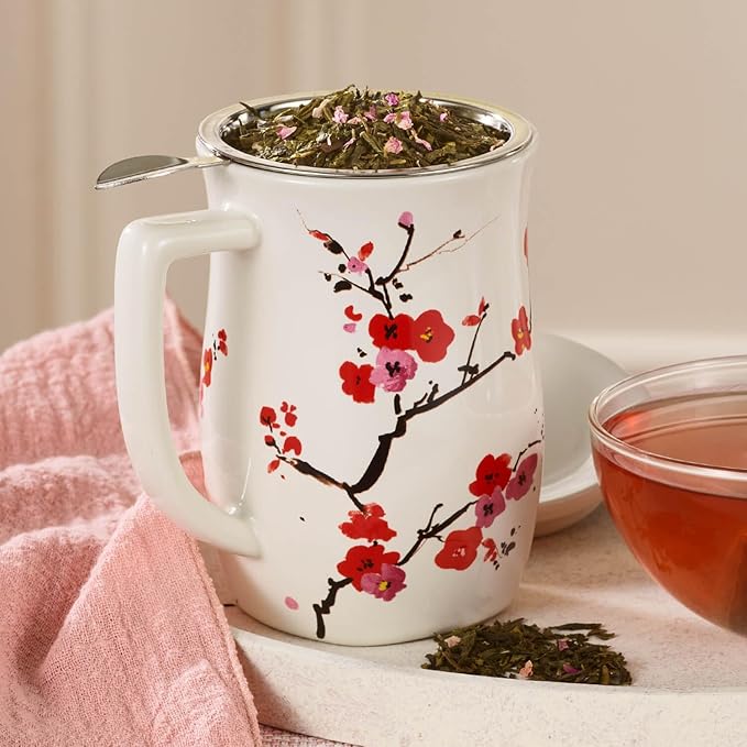 Tea Forte Ceramic Fiore Cup with Handle, Removeable Stainless Steel Infuser Basket and Lid, Steeps 14 oz Loose Leaf Tea, Dishwasher & Microwave Safe, Sakura