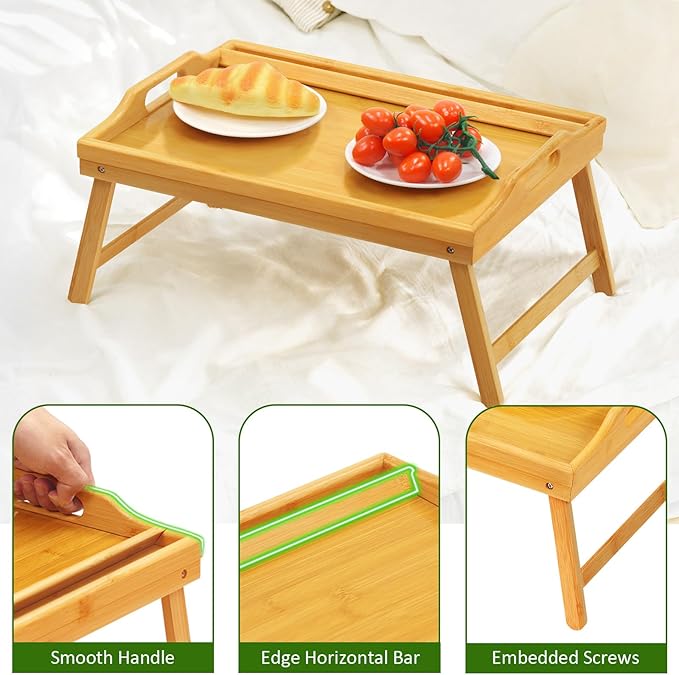 Tray Table for Bed, Bamboo Breakfast Tray with Folding Legs and Handles, Natural Color Bed Tray with Media Slot, Ideal for Eating, Serving or Working in Kitchen, Sofa or Bedroom