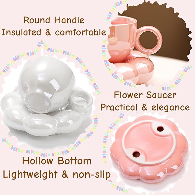 Goaste 2 Pack Ceramic Coffee Mug with Saucer Set, Cute Cloud Mug with Sunflower Coaster, 8oz Creative Latte Tea Cup for Office, Home, Coffee, Tea, Latte, Milk, Pink, Pearl White
