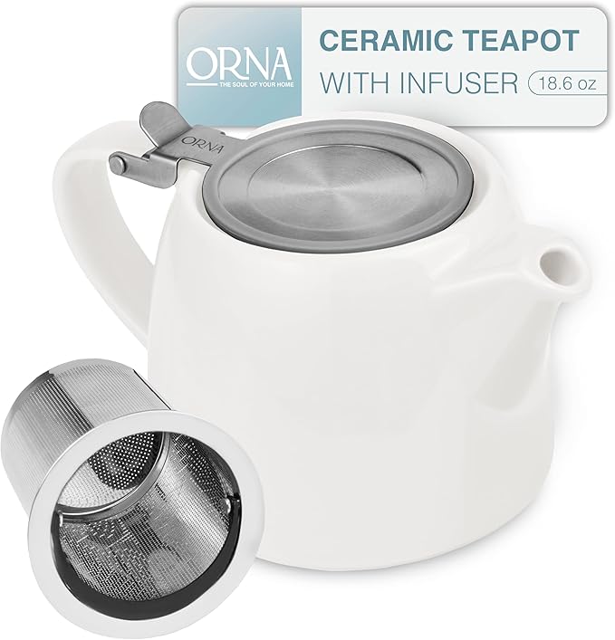 ORNA Ceramic Teapot with Tea Infuser – Small Tea Pot for Loose Leaf Tea – 550ml / 18.6 Oz Porcelain Non-Stove Teapot for 2 Cups with Tea Strainer (White)