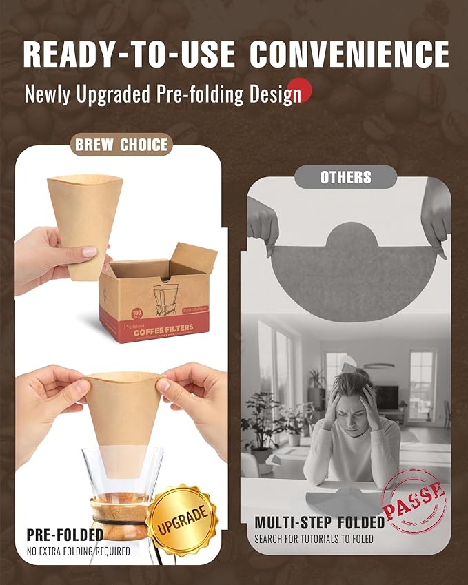 Pre-folded Unbleached Cone Coffee Filters 100 Count, Natural Upgraded 30% Thicker Paper Compatible with 1-3 Cup Chemex Pour over Coffee Maker