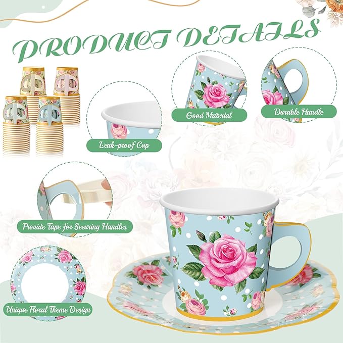 Umigy 60 Sets Tea Party Decorations 6.5 oz Floral Paper Tea Cups with Handle and Plates Disposable Blossom Teacups and Saucers Sets for Girls Kids Birthday Garden Wedding Party Supplies(Multicolor)