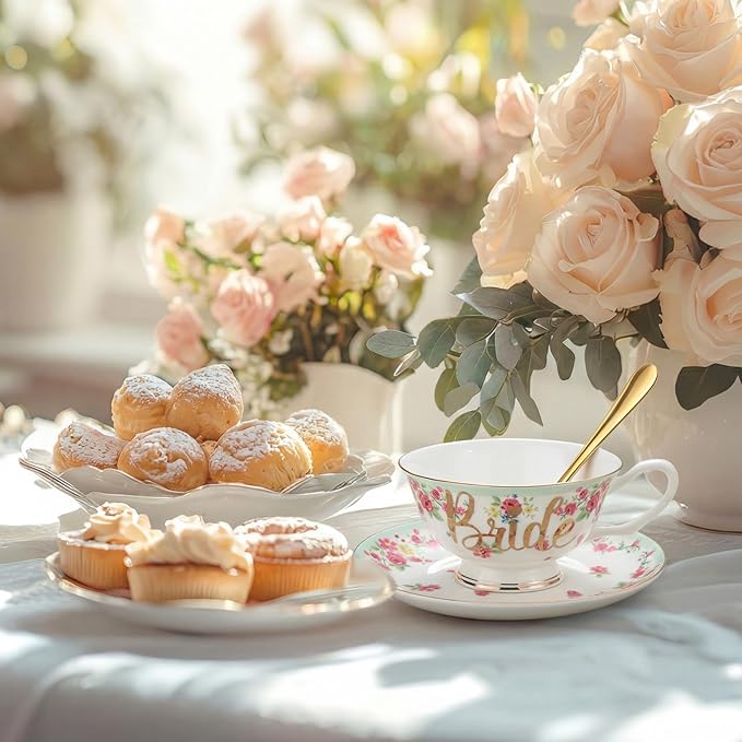 Rtteri Bride Teacup and Saucer Set 7oz Bridal Shower Teacup Porcelain Ceramic Tea Cups for Bridal Shower Tea Party Wedding Decor Victorian Elegant Coffee(Green,Floral)