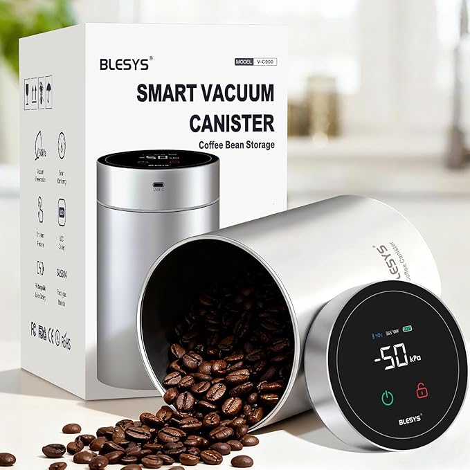 Smart Vacuum Coffee Canister, Automatic Stainless Steel Food Storage Container, LCD Monitoring, One-touch Freshness, Date Tracker, Extra-long Standby Time, Holds 11 oz Coffee Beans (Silver, 0.9L)