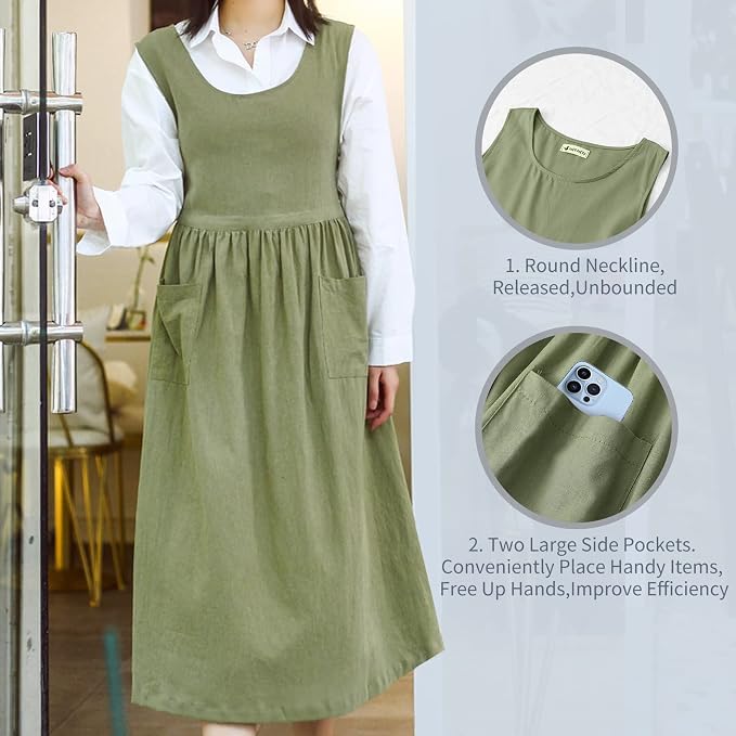 Premium Plus Size Apron with Pockets Adjustable Waistline Bib Apron,Soft Cotton Blend Apron Pinafore Dress for Baking Cooking Gardening(XL,Green) - Image 3