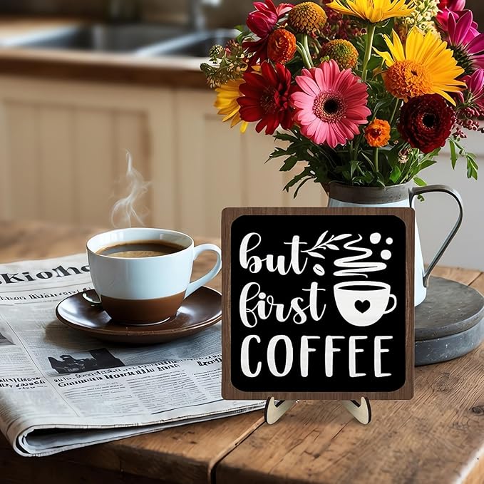 Vintage Coffee Bar Wooden Plaque Desk Sign, Farmhouse Wood Plaque Tabletop Decor for Cafe Bar Kitchen Office,Coffee Station Accessories 5.9x5.9Inch