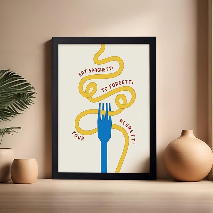 Poster Master Spaghetti Poster - Eat Spaghetti To Forgetti Your Regretti Print - Food & Drink Art - Gift for Chef, Cook - Fun Decor for Restaurant, Kitchen, Dining Room, 16x20 Black Framed