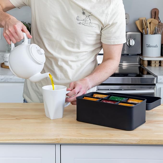 AuldHome Design Enamelware Tea Bag Box (Black), Classic Sleek Style Tea Storage Tin