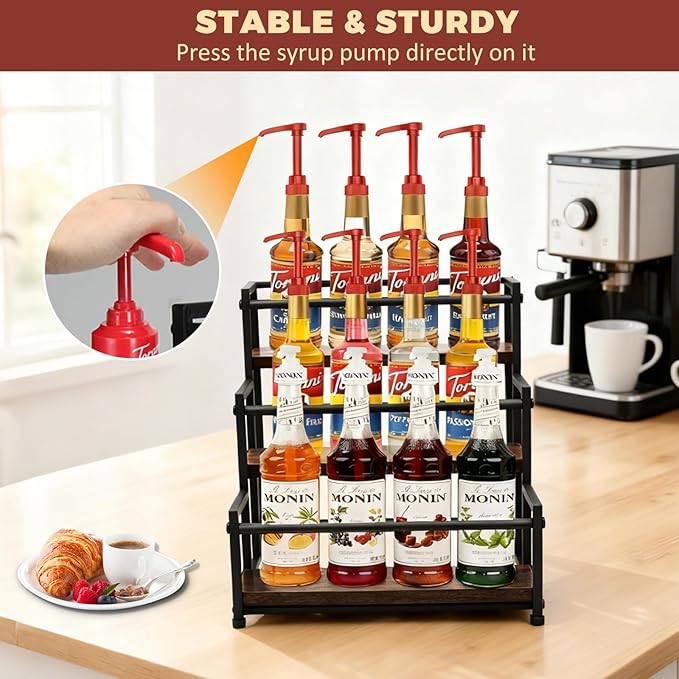Coffee Syrup Rack Organizer - Metal Bottle Holder for 12 Bottles – Rustic Countertop Display Shelf for Coffee Bar, Kitchen Cabinet, Pantry Storage for Syrups, Liquor, Spice, Tea & Wine (3-Tier)