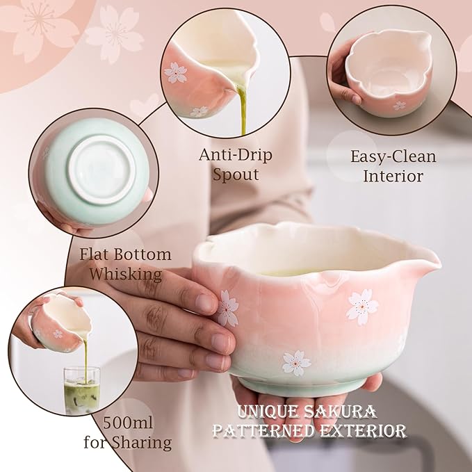 7 Pcs Matcha Whisk Set, Ceramic Matcha Bowl with Spout, Bamboo Whisk And Scoop, Stainless Steel Sifter, Ceramic Holder And Rest, Tea Towel. Full Matcha Kit Gift for Tea Lovers