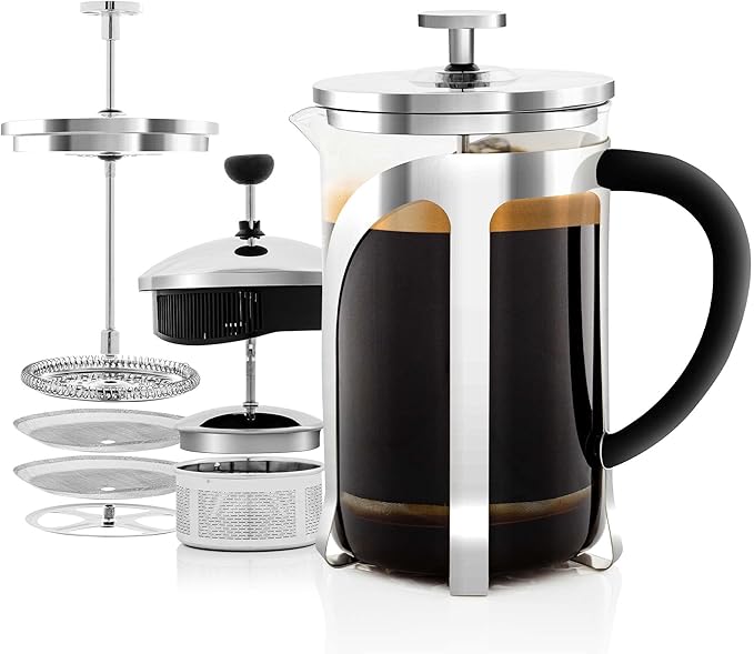 OVENTE French Press Coffee Maker, 27oz Heat Resistant Borosilicate Glass, BPA-Free Brewing Pot with 4-Level Filter System and Stainless Steel Plunger for Cold Brew Coffee, Tea and More, Clear FGC27T
