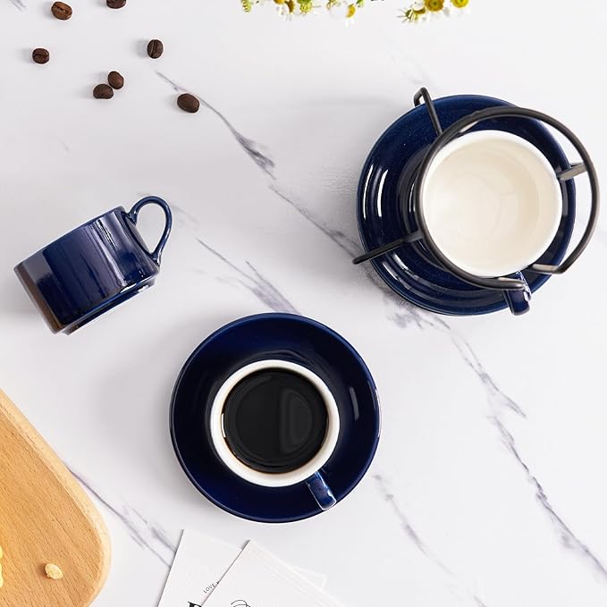2.5oz Espresso Cups Set of 4, Porcelain Stackable Espresso Cups with Saucers and Metal Stand Set, Blue Expresso Shots Cup Set