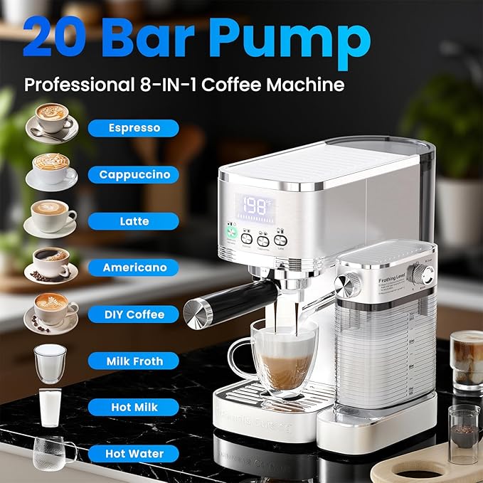 Espresso Machine 20 Bar Temperature Time LED Display Espresso Maker with Stepless Adjustable Automatic Milk Frother for Cappuccino Latte Americano Stainless Steel Coffee Machine with ESE Pod Filter