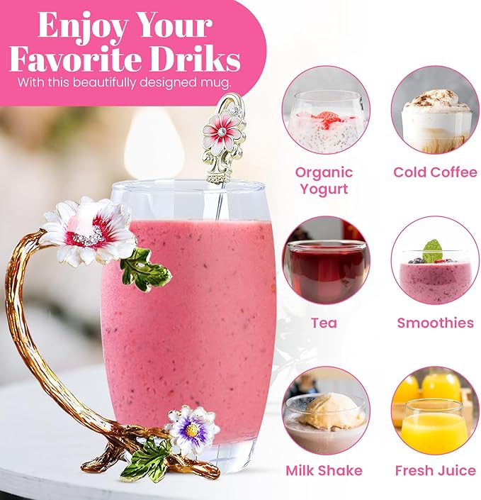 The Pure Embrace Flower Glass Tea/Coffee Cup, Gift for Mom, Birthday Gift for Women, Lead-Free Enamel Glass with Spoon (Large)