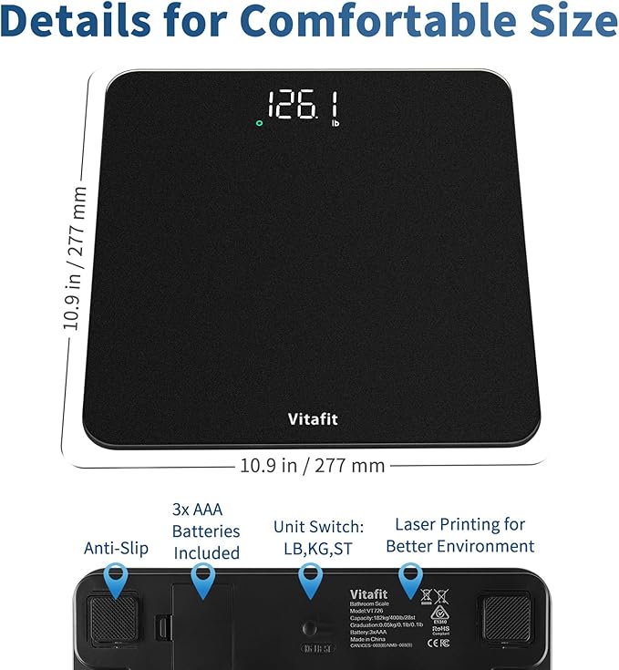 Vitafit Scale for Body Weight, High Accuracy 0.1lb by Our Professional Factory Since 2001, Digital Weight Scale LED and Step On, 3*AAA Batteries Included, 400lb/182kg, Spray Silver Black