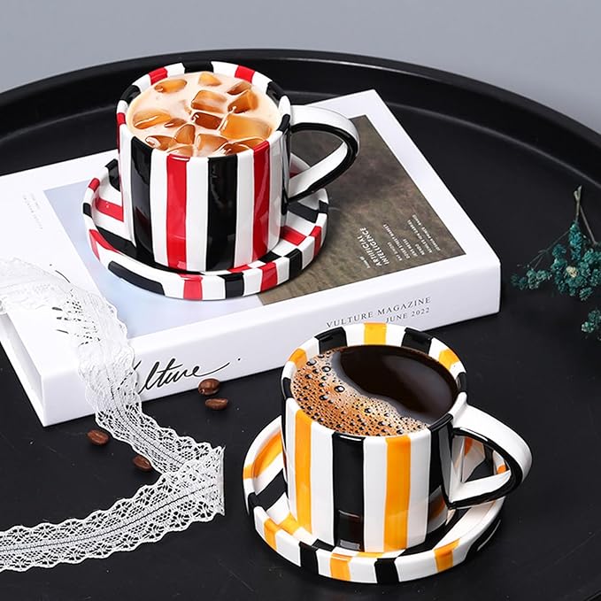 Espresso Cups Ceramic Coffee Mug Series European Striped Dot Coffee Cup And Saucer Mug Cake Plate Afternoon Tea Set Tea Cup And Saucer,Yellowblack