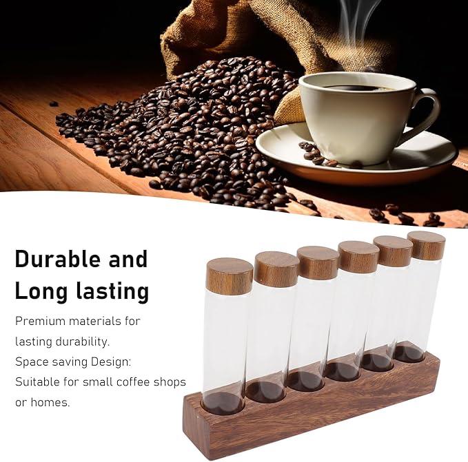 Fockety Coffee Bean Storage Tubes Single Dose, 6PCS or 12PCS Coffee Bean Cellar, Dosing Glass Vials with Lids, Wooden Display Stand and Funnel, Airtight Sealed Glass Canister Jars Tubes