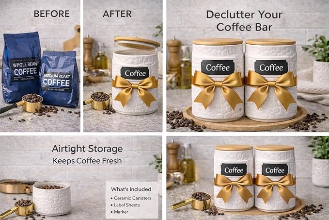 Ceramic Canister for the Kitchen (94oz/2779ml) – Airtight Kitchen Counter Storage with Bamboo Lids, Decorative Flour Sugar Coffee Jars for Pantry & Home