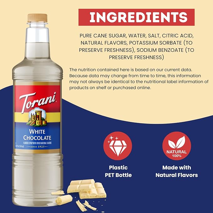 Torani White Chocolate Syrup 1 Liter Bottle with Pump – Premium Coffee Flavoring with Natural Ingredients for Lattes, Mochas, Desserts, Cocktails & Baking – Café-Style Sweetener for Home Baristas - Image 6