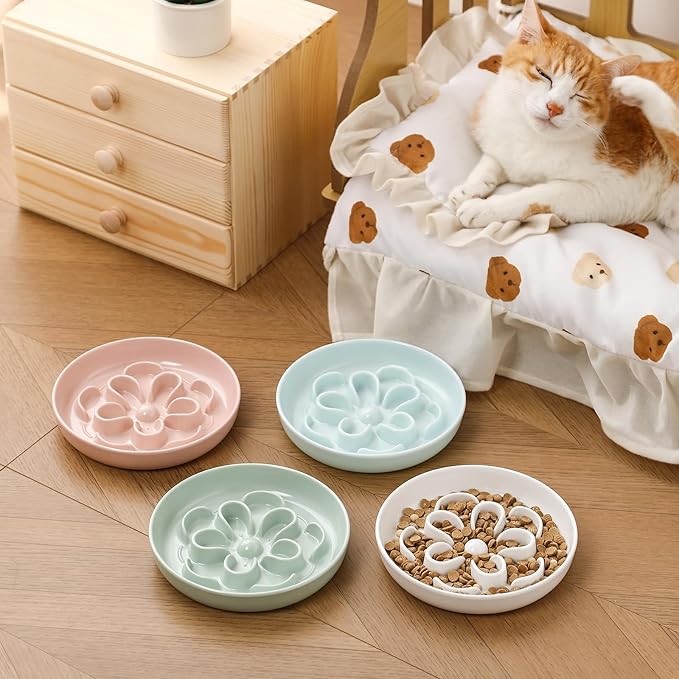 Slow Feeder Cat Bowl Combo - Melamine Maze Dish in 2 Styles (Single Bowl & with Bamboo Stand) - Whisker Friendly, Elevated & Shallow Design - White