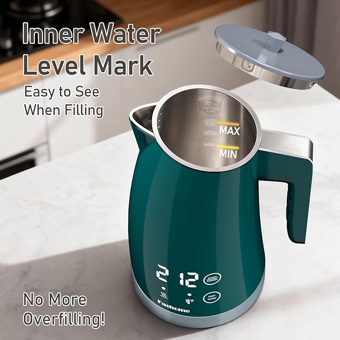 Electric Kettle with Temperature Control, 5 Preset Temps & 2H Keep Warm, 1200W Quiet Water Boiler, BPA-Free Double Wall Cool Touch, Digital Display, 360° Base - Green