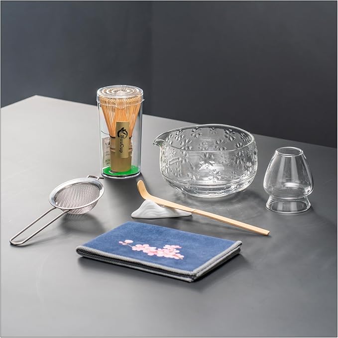 Matcha Whisk Set, Glass Matcha Kit Set Includes Matcha Bowl, Matcha Whisk and Holder, Bamboo Scoop, Scoop Rest, Sifter and Tea Towel - 7 Pcs Matcha Kit for Matcha Lovers (Glass Clear)