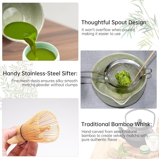 Matcha Whisk Set Green 6PCS Matcha Whisk and bowl(Chawan) With Matcha Spoon and sifter Matcha Kit for Ceremony Matcha Tea Set Gift for Matcha Lovers