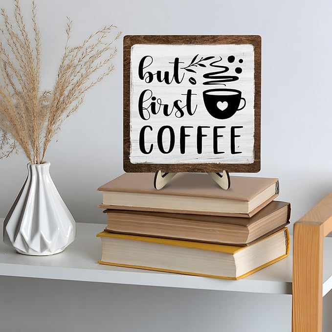 Vintage Coffee Bar Wooden Plaque Desk Sign, Farmhouse Wood Plaque Tabletop Decor for Cafe Bar Kitchen Office,Coffee Station Accessories 5.9x5.9Inch (White&Brown4, 5.9x5.9inches)