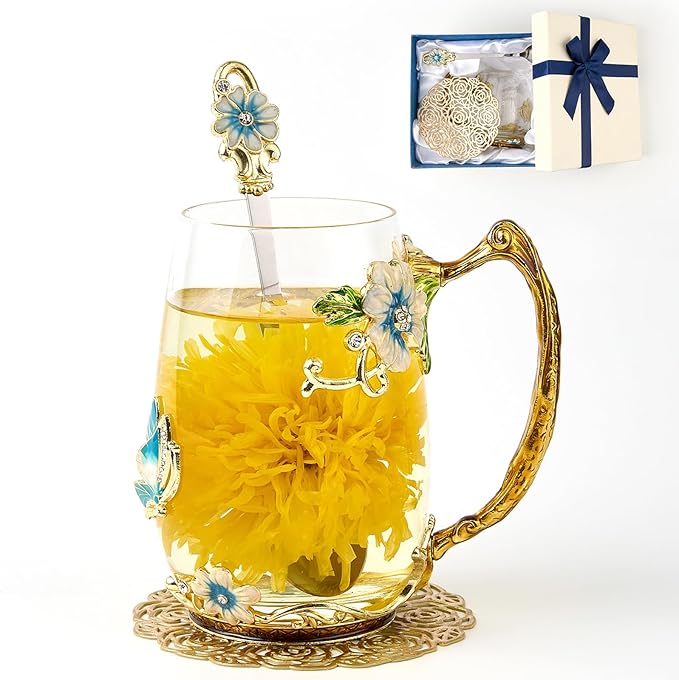 Flower Tea Cup,Butterfly Daisy Glass Fancy Coffee Mug with Spoon,Gift Box for Her Mom Wife Grandma Girls Friends Valentines Christmas Birthday Present Idea for Juice,Hot/Cold Drinks Use