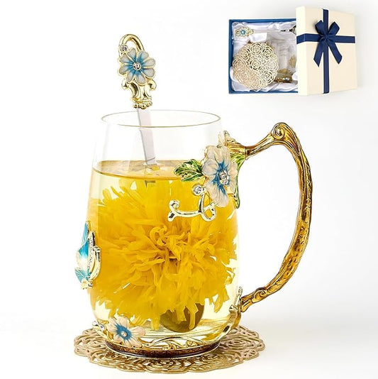 Flower Tea Cup,Butterfly Daisy Glass Fancy Coffee Mug with Spoon,Gift Box for Her Mom Wife Grandma Girls Friends Valentines Christmas Birthday Present Idea for Juice,Hot/Cold Drinks Use