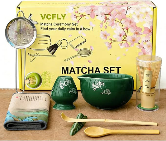 Matcha Whisk Set,8 Pcs Ceramic Matcha Set for Ceremony,Matcha Whisk kit with Bowl,Bamboo Whisk and Holder,Scoop,Sifter,Gift for Matcha Lovers Family and Friend Green