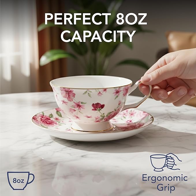 BTaT- Tea Cups and Saucers, Set of 6, 8 oz, Floral Design, Porcelain Tea Cup Sets, Dishwasher Safe