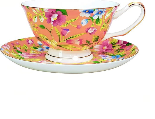 Tea cup and Saucer Set Royal Garden Style Tea Coffee Cup with Saucer 7 Ounces Bone China Teacup and saucer Set(Orange)