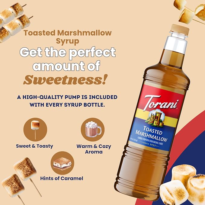Torani Toasted Marshmallow Syrup 1 Liter Bottle with Pump Dispenser – Rich Coffee Flavoring Made with Pure Cane Sugar & Natural Flavors – Perfect for Lattes, Desserts & Beverages - Image 5