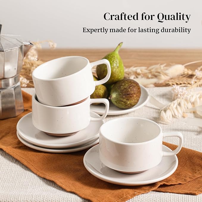 DOWAN 5oz Coffee Cups and Espresso Cups, Stackable Coffee Cup and Saucer Set of 4, Ceramic Tea Cup Set for Latte and Tea