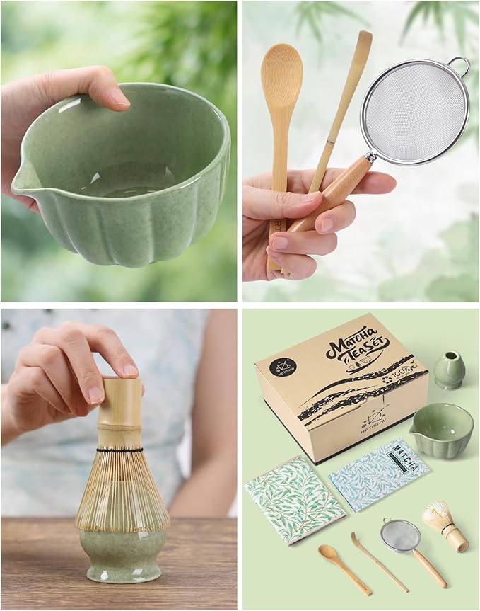 Matcha Whisk Set, 7 Pcs, Matcha Kit Includes Matcha Bowl, Matcha Whisk and Holder, Bamboo Scoop, Spoon, Sifter and Tea Towel, Matcha Set, Gift for Matcha Lovers & Beginners (Matcha Green)