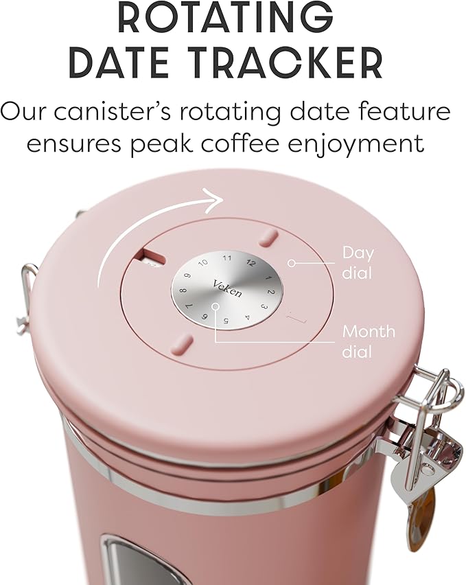 Veken Coffee Canister with Window, Easter Gifts Airtight Stainless Steel Container with Lids, Home Kitchen Food Storage Jars for Grounds, Beans, Tea, Flour, Cereal, Sugar, Basket, Scoop, 22OZ, Pink