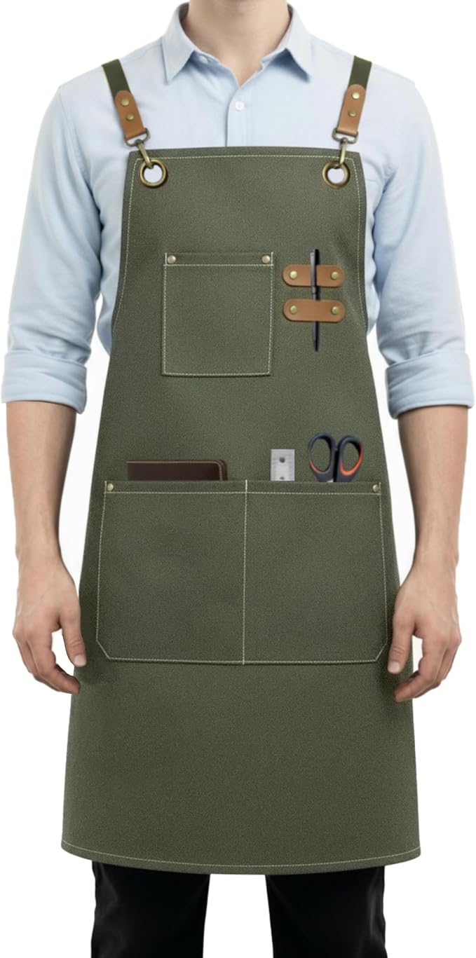 Aprons for Men Women with 3 Pockets, 16oz Cotton Canvas Chef Apron | Crossback Heavy Duty Kitchen Apron for Cooking, Durable Work Apron for Grilling, Baking, Hairstylist, Bartender, Barista, Art by Unknown