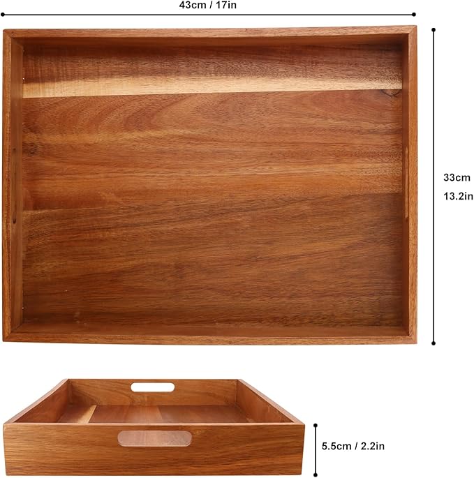 2 Pack 17 x 13 Inch Rectangular Acacia Wood Serving Tray with Handles,Decorative Rectangular Wooden Tray, Breakfast & Coffee Table Tray, Wooden Tray for Ottoman, Snack, Table, Couch and More