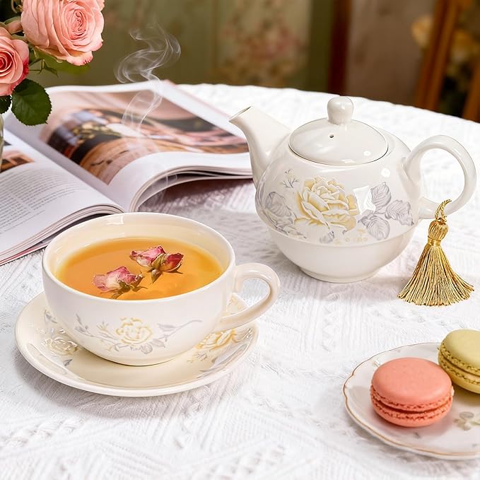 Tea for One Set, Porcelain Floral Teapot Cup Saucer Set with Tassel Decorative, Vintage Bone China Teapot Rose Pattern Gift for Women Home Office, Dishwasher, Microwave Safe